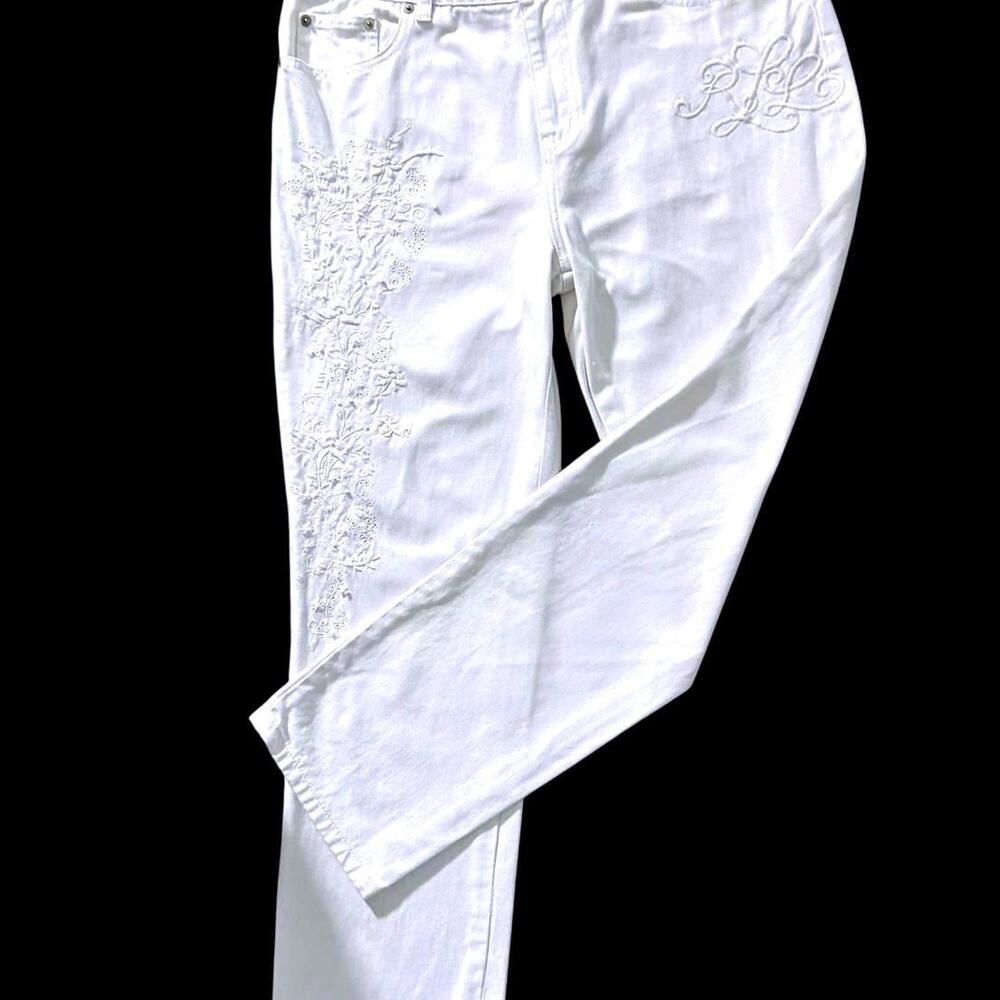 LAUREN JEANS CO. Women's 10 White Mid-Rise Straight Leg Embroidered Cotton Jeans